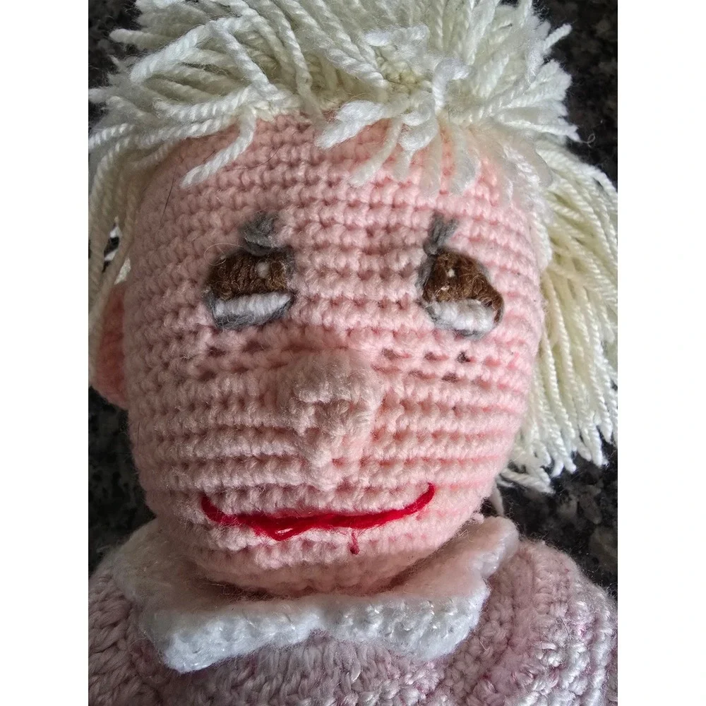 Vintage Handmade Crochet Doll Blonde Hair Pink Dress Amigurumi Soft Toy‎ Plush